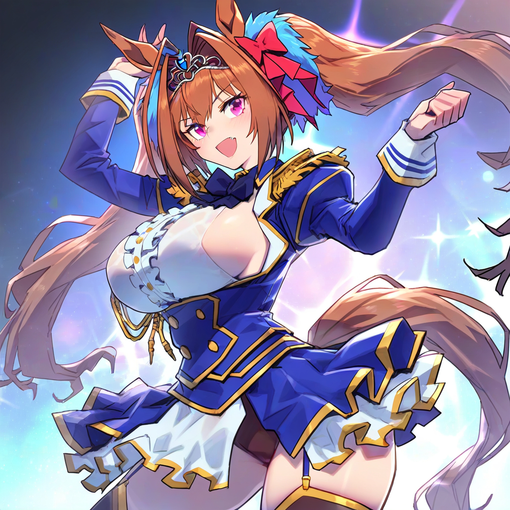 ai_generated animal_ears big_ass black_panties breasts brown_hair daiwa_scarlet_(umamusume) female garter_straps hips horse_girl large_breasts panties pink_eyes ribbon_in_hair sideboob thighhighs thighs tiara twintails umamusume umamusume_pretty_derby uniform