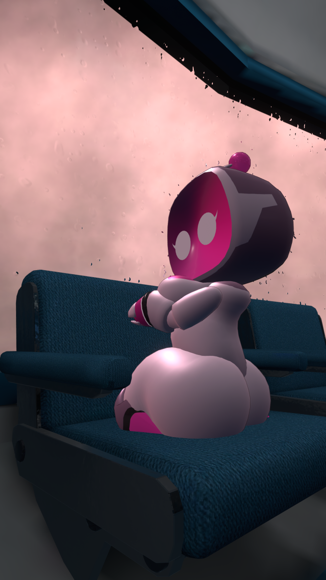 arms_pressing_breasts_together astro_bot cloudy_sky fat_ass kneeling_on_chair looking_back_at_viewer pink_screen rain_on_window raining robot_girl screen_face vrchat vrchat_avatar