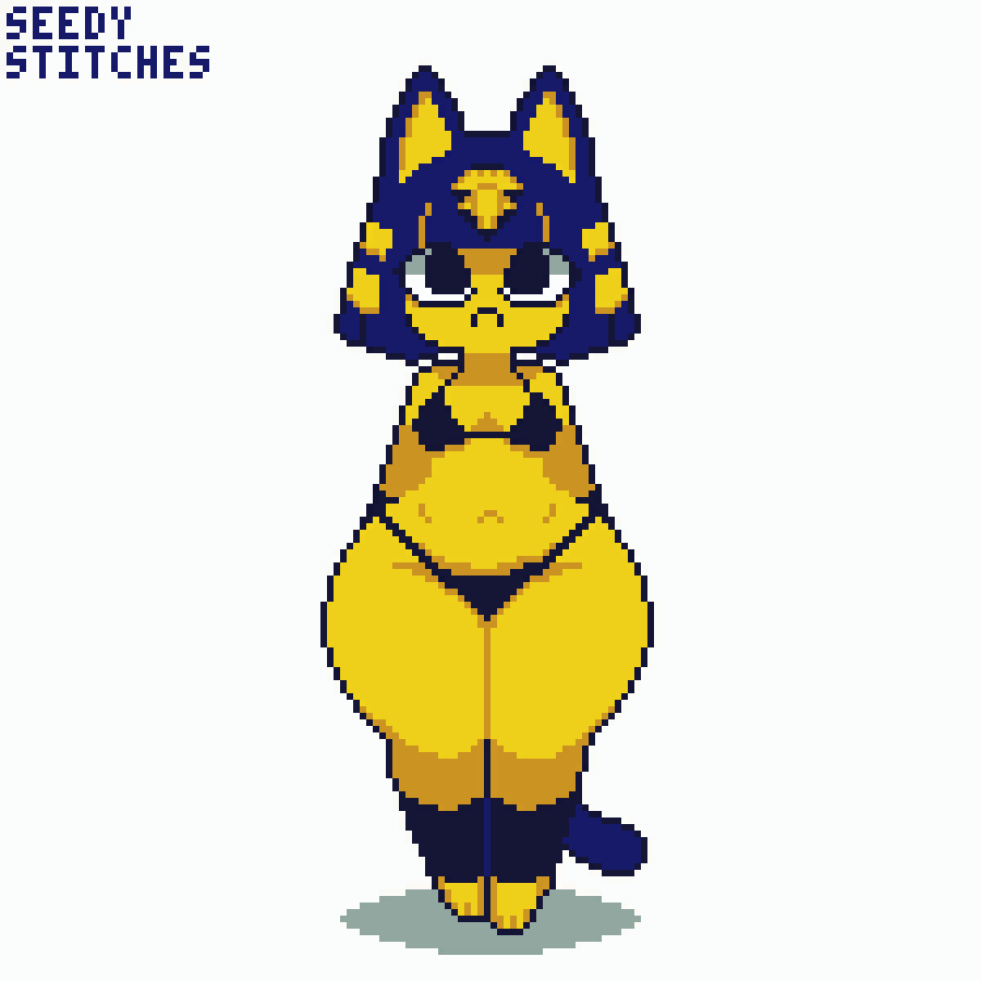 1:1 animal_crossing ankha ankha_(animal_crossing) anthro bikini blue_hair breasts clothing digital_media_(artwork) domestic_cat felid feline felis female frown mammal navel nintendo pixel_(artwork) seedy_stitches_(artist) shaded simple_background simple_shading small_breasts solo swimwear symmetry two-piece_swimsuit wide_hips