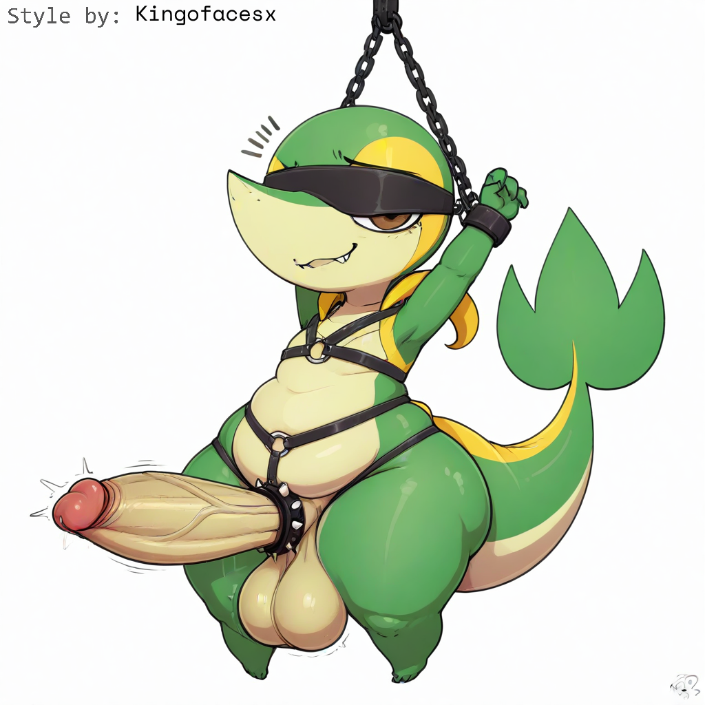 1:1 accessory ai_generated anthro balls big_balls big_penis bodily_fluids bondage bondage bound chains cock_ring cuff_(restraint) erection foreskin generation_5_pokemon genital_fluids genitals harness hellsonger hi_res huge_balls huge_cock humanoid_genitalia humanoid_penis jewelry leather_harness long_penis looking_at_viewer male nintendo non-mammal_balls penis penis_accessory penis_jewelry pokemon pokemon_(species) precum precum_string reptile retracted_foreskin scalie short_stack simple_background slightly_chubby snivy solo teapot_(body_type) testicle_cuff thick_penis thick_thighs vein veiny_penis white_background