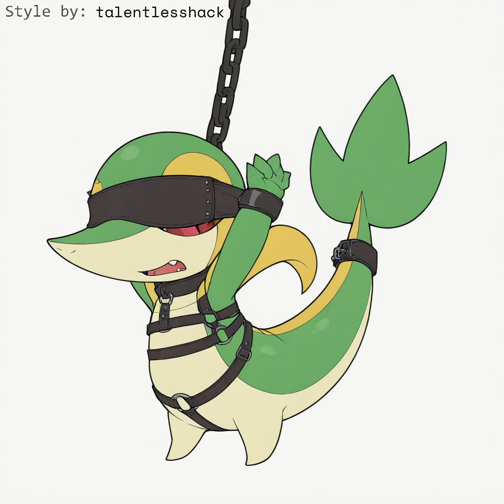 1:1 ai_generated ambiguous_gender anthro blindfold bondage bondage bound chains collar cuff_(restraint) feral generation_5_pokemon green_body harness hellsonger hi_res male nintendo open_mouth pokemon pokemon_(species) red_eyes reptile restraints scalie simple_background snivy solo white_background