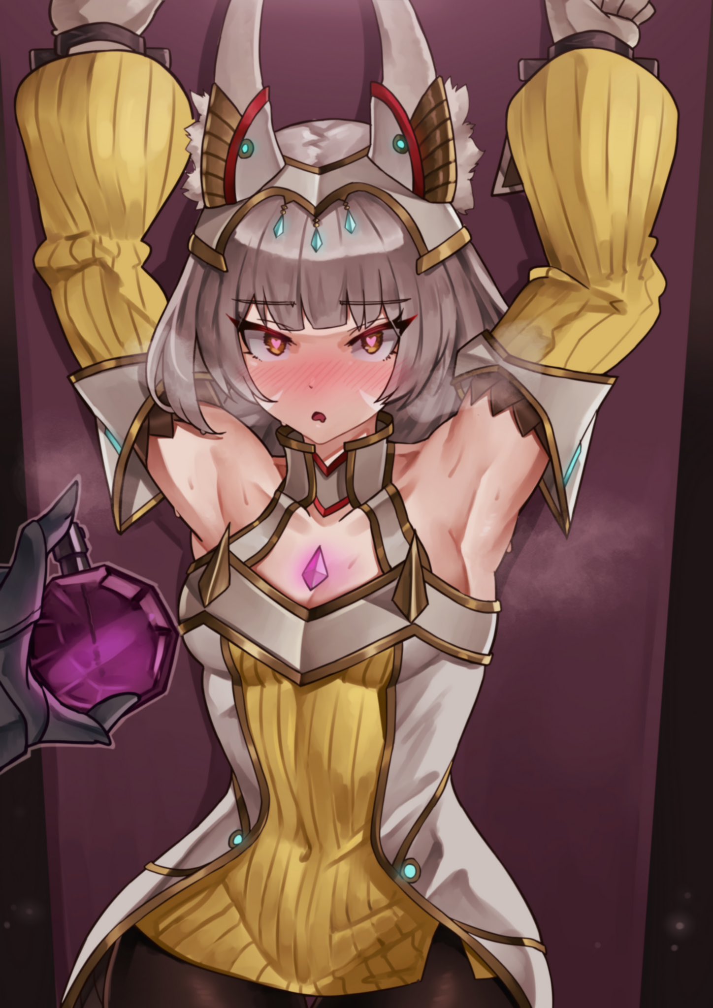 1girl aphrodisiac armpits arms_above_head arms_restrained arms_up aroused aroused_face blush bondage breasts fully_clothed grey_hair hypnosis imminent_sex milf nia nia_(xenoblade) oniisan02b wide_hips xenoblade_(series) xenoblade_chronicles_2 xenoblade_chronicles_3 yotsuhauni