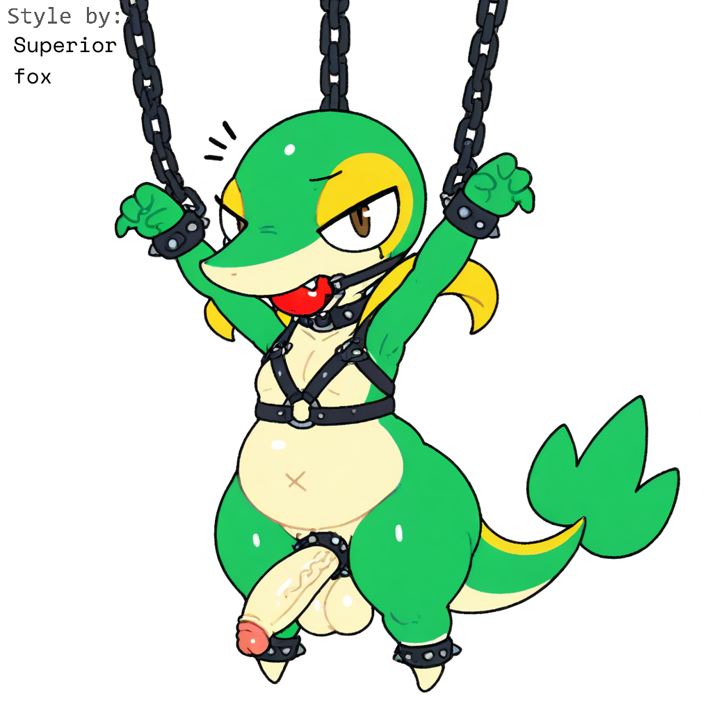 1:1 accessory ai_generated anthro ball_gag balls big_penis bondage bondage bound chains cock_ring collar erection foreskin gag gagged generation_5_pokemon genitals green_body harness hellsonger hi_res humanoid_genitalia humanoid_penis jewelry looking_at_viewer male nintendo nude penis penis_accessory penis_jewelry pokemon pokemon_(species) reptile restraints scalie simple_background slightly_chubby snivy solo spiked_bracelet spikes submissive submissive_male vein veiny_penis white_background