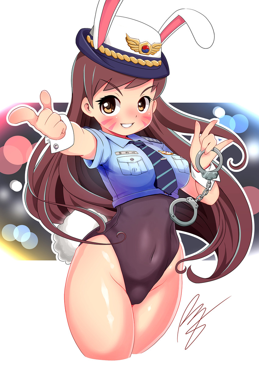 1girls :d animal_ears bare_legs blush breast_pocket breasts brown_eyes brown_hair covered_navel cropped_legs cuffs d.va facial_markings female_service_cap groin handcuffs hat highleg highleg_leotard highres hip_focus holding leotard long_hair medium_breasts necktie open_mouth outstretched_arm overwatch photoshop_(medium) playboy_bunny pockets police police_uniform policewoman rabbit_ears rogeris signature simple_background smile solo striped_necktie tail thick_thighs thighs whisker_markings white_background