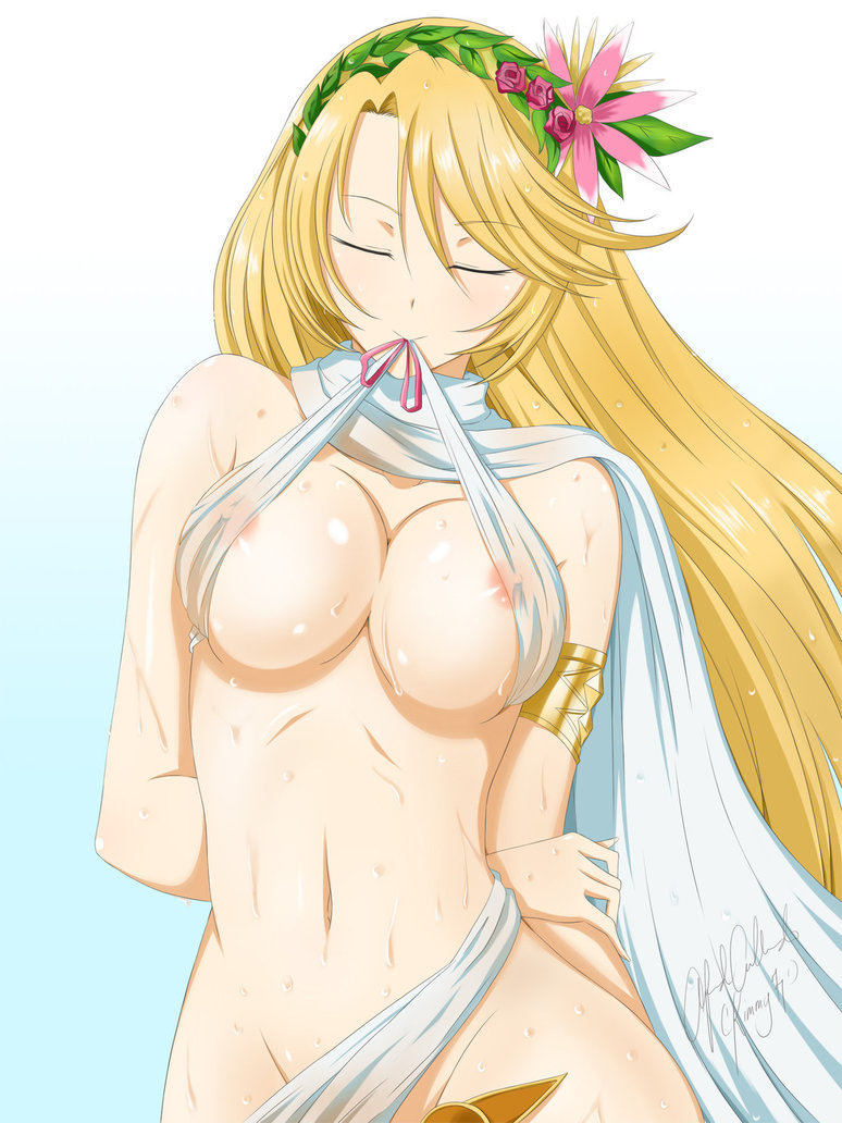 arm_behind_back armband artist_name aurelia_(brave_frontier) big_breasts blonde_hair blue_background brave_frontier breasts cape closed_eyes flower gradient_background hair_flower hair_ornament kimmy77 lift_shirt long_hair nipples nipples_visible_through_clothing presenting shiny_hair sweat white_background