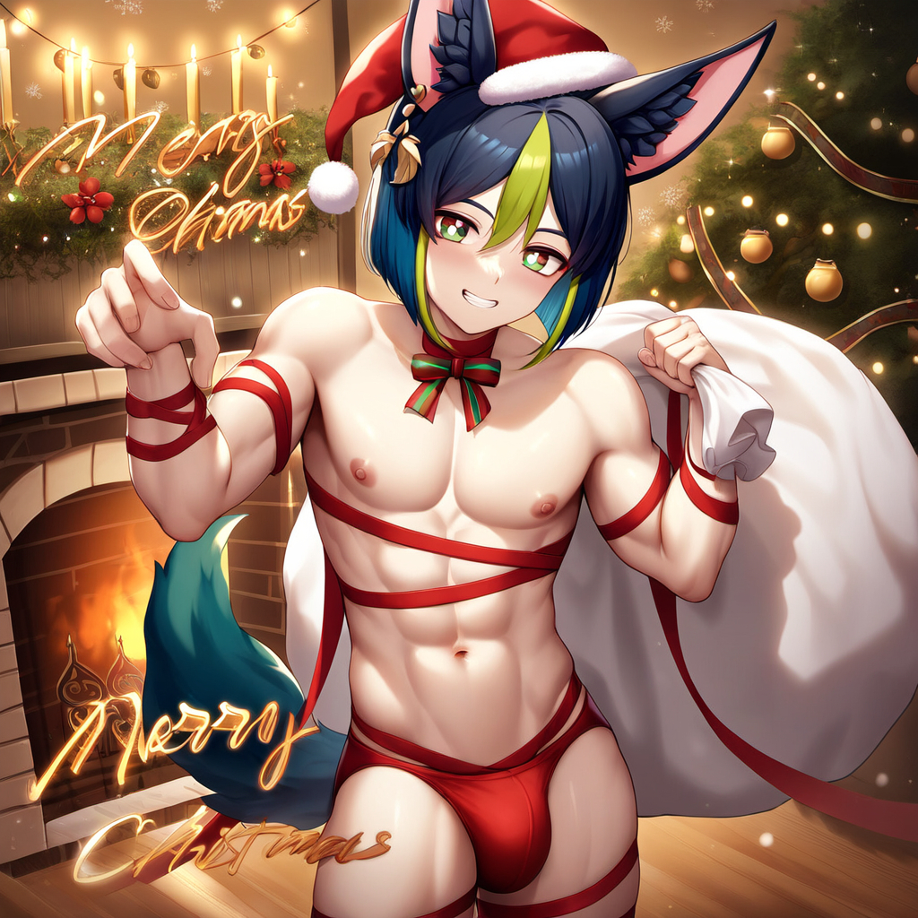 1boy abs ai_generated bulge bulge_through_clothing christmas christmas_lights christmas_ornaments christmas_tree fire_place fireplace fox_boy fox_ears genshin_impact green_hair male male_focus muscular muscular_male santa_bag santa_hat santa_sack shirtless shirtless_male solo solo_male speedo tighnari_(genshin_impact) toned toned_body toned_male toned_stomach two_tone_hair wrapped