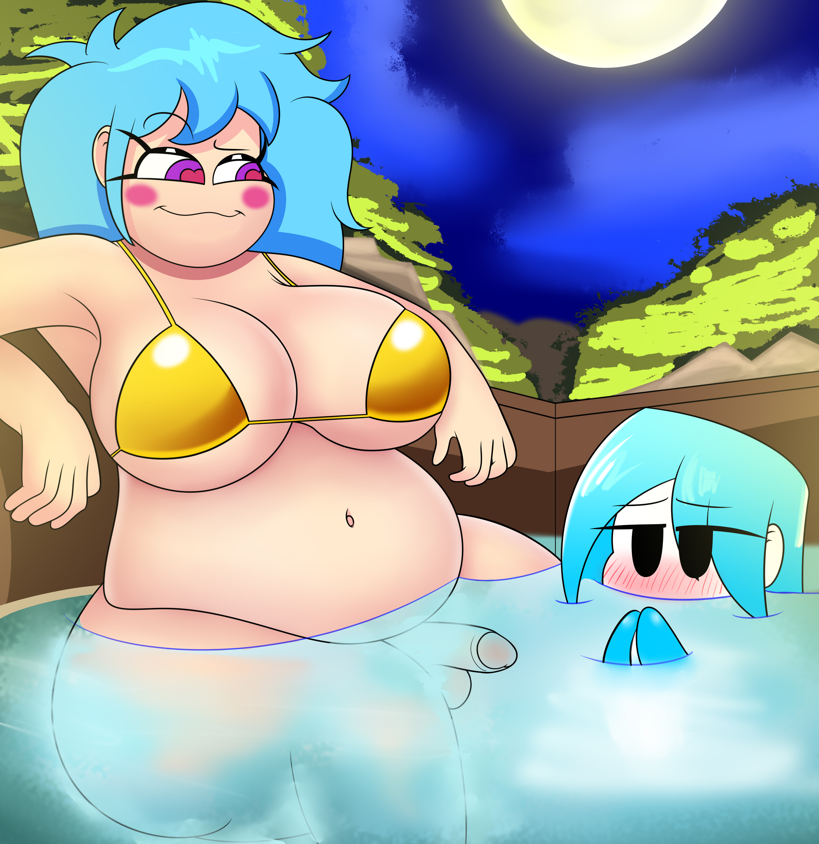 1futa, 1girls, balls, belly, big belly, big boobs, big breasts, big tits, bikini, blue hair, blush, bottomless, breasts, chubby, chubby futa, dickgirl, female, fnf, fnf mods, friday night funkin, futanari, golden bikini, heart-shaped pupils, hot spring, huge belly, intersex, light skin, light-skinned futa, moon, mostly nude, night, night background, nusky, nusky (friday night funkin), partially submerged, penis, purple eyes, reypan, skyblue, skyblue (friday night funkin), skyverse, termal water, testicles, white body, white skin
