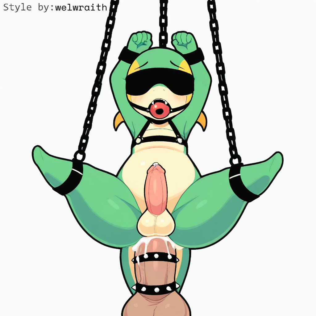 1:1 accessory ai_generated anal anal_sex anthro ball_gag balls blindfold blonde_hair blush bodily_fluids bondage bondage bound chains cock_ring cum cum_in_ass cum_inside cum_while_penetrated ejaculation erection foreskin gag gagged generation_5_pokemon genital_fluids genitals green_body hands-free harness hellsonger hi_res humanoid_genitalia humanoid_penis male male/male male_penetrated male_penetrating male_penetrating_male nintendo nude orgasm partially_retracted_foreskin penetration penis penis_accessory penis_jewelry pokemon pokemon_(species) precum reptile scalie sex simple_background snivy solo spread_legs spreading submissive submissive_male suspension testicle_cuff white_background