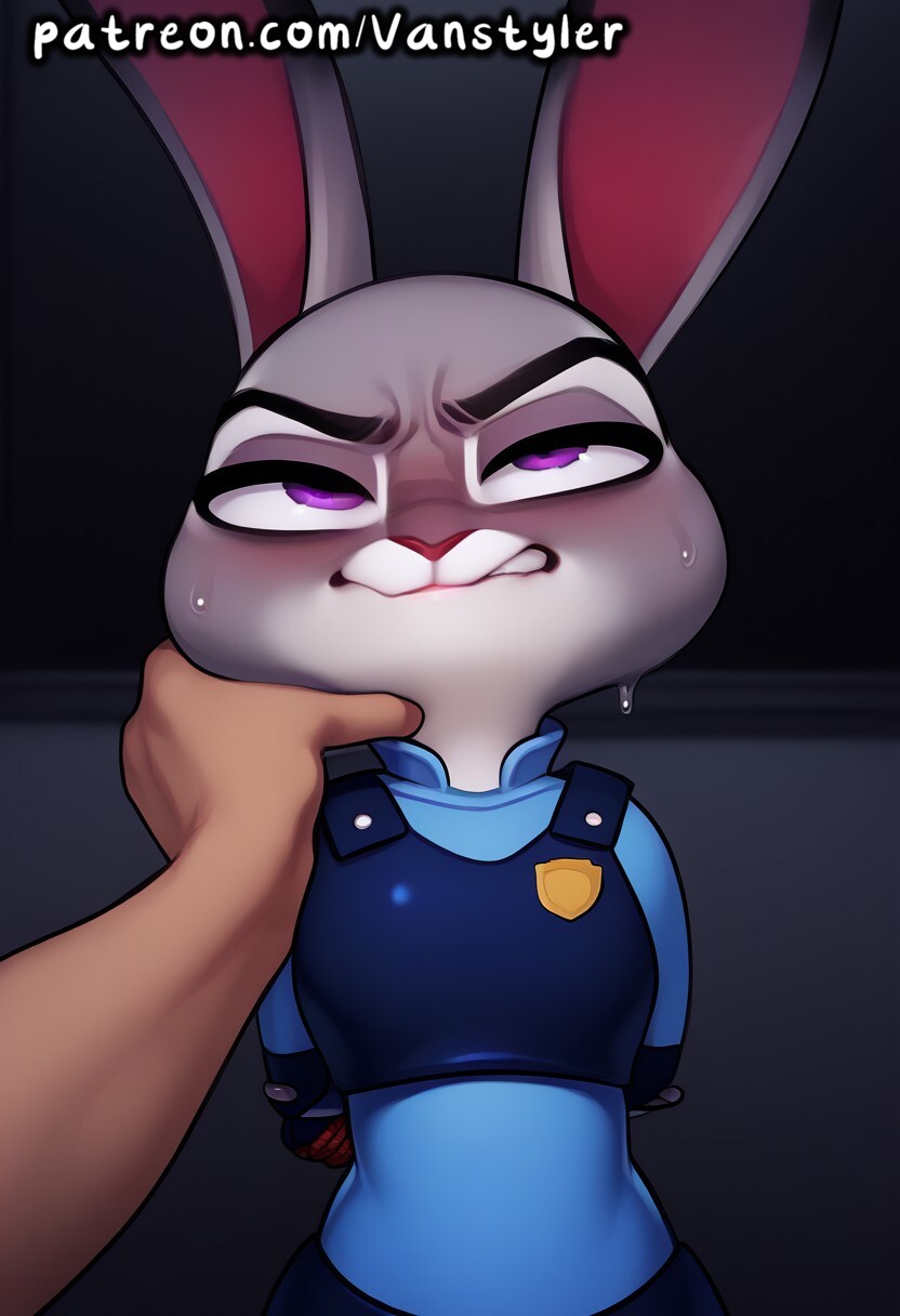 1girls ai_generated animal_ears anthro arms_behind_back bedroom_eyes blush bondage breasts bunny bunny_ears disney embarrassed furry furry_female grey_body grey_fur human_on_anthro judy_hopps looking_pleasured patreon police police_uniform policewoman pov pov_eye_contact purple_eyes rabbit rabbit_ears restrained shortstack size_difference slim_waist small_breasts smaller_female sweat sweatdrop sweating vanstyler zootopia