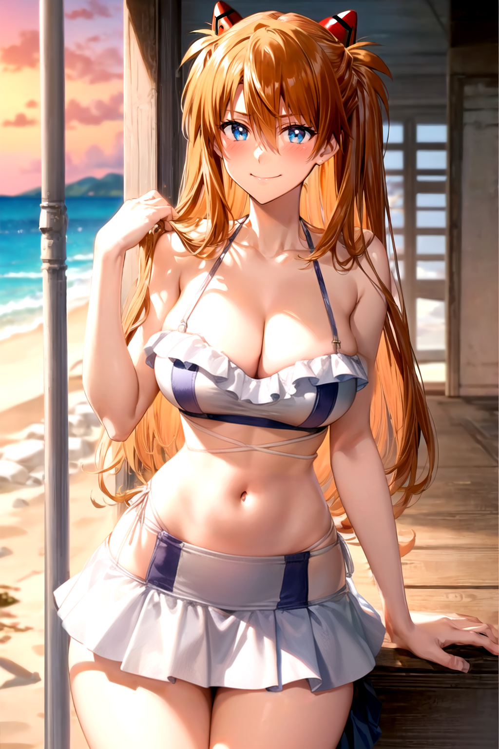 1girl ai-created ai_generated asuka_langley_sohryu bangs bare_arms bare_shoulders beach bikini bikini_skirt blue_bikini blue_eyes blue_swimsuit blush breasts clavicle cleavage closed_mouth clothing cloud cowboy_shot day female female_only frilled_bikini frilled_swimsuit frills hair_between_eyes hair_ornament halterneck hand_up headgear indoors interface_headset large_breasts long_hair looking_at_viewer medium_breasts midriff miniskirt navel neon_genesis_evangelion ocean orange_hair outdoors pixiv purple_bikini purple_swimsuit rena_aikawa_(pixiv_user) sand shiny side-tie_bikini_bottom skirt sky smile solo solo_female stable_diffusion standing stomach swimsuit tagme thighs tied_hair two_side_up very_long_hair water white_bikini