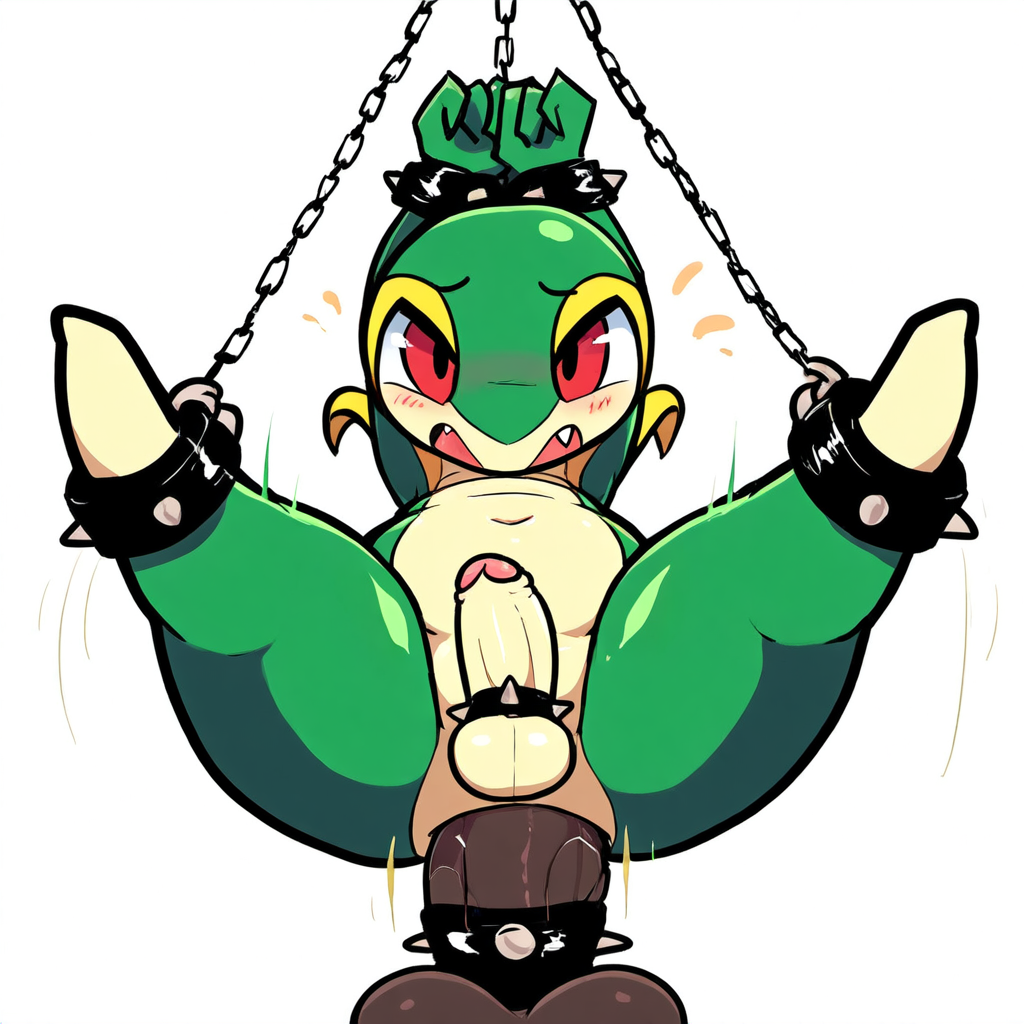 1:1 accessory ai_generated anal anal_sex anthro balls blush bondage bound chains cock_ring duo erection fangs foreskin generation_5_pokemon genitals green_body hellsonger hi_res humanoid_genitalia humanoid_penis jewelry male male/male male_only male_penetrated navel nintendo nude open_mouth penetration penis penis_accessory penis_jewelry pokemon pokemon_(species) red_eyes reptile restraints scalie simple_background snivy solo solo_focus spikes spread_legs spreading submissive submissive_male suspension uncircumcised white_background