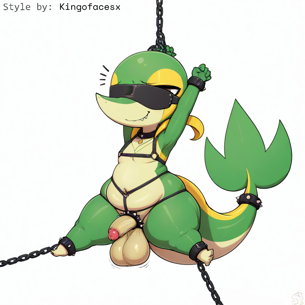 1:1 ai_generated anthro balls bondage bondage bound chained chains clothing cock_ring collar cuff_(restraint) erection eyewear foreskin generation_5_pokemon genitals harness hellsonger hi_res humanoid_genitalia humanoid_penis jewelry male navel nintendo penis penis_accessory penis_jewelry pokemon pokemon_(species) reptile restraints scalie shackles short_stack simple_background slightly_chubby snivy solo submissive submissive_male suspension thick_thighs white_background