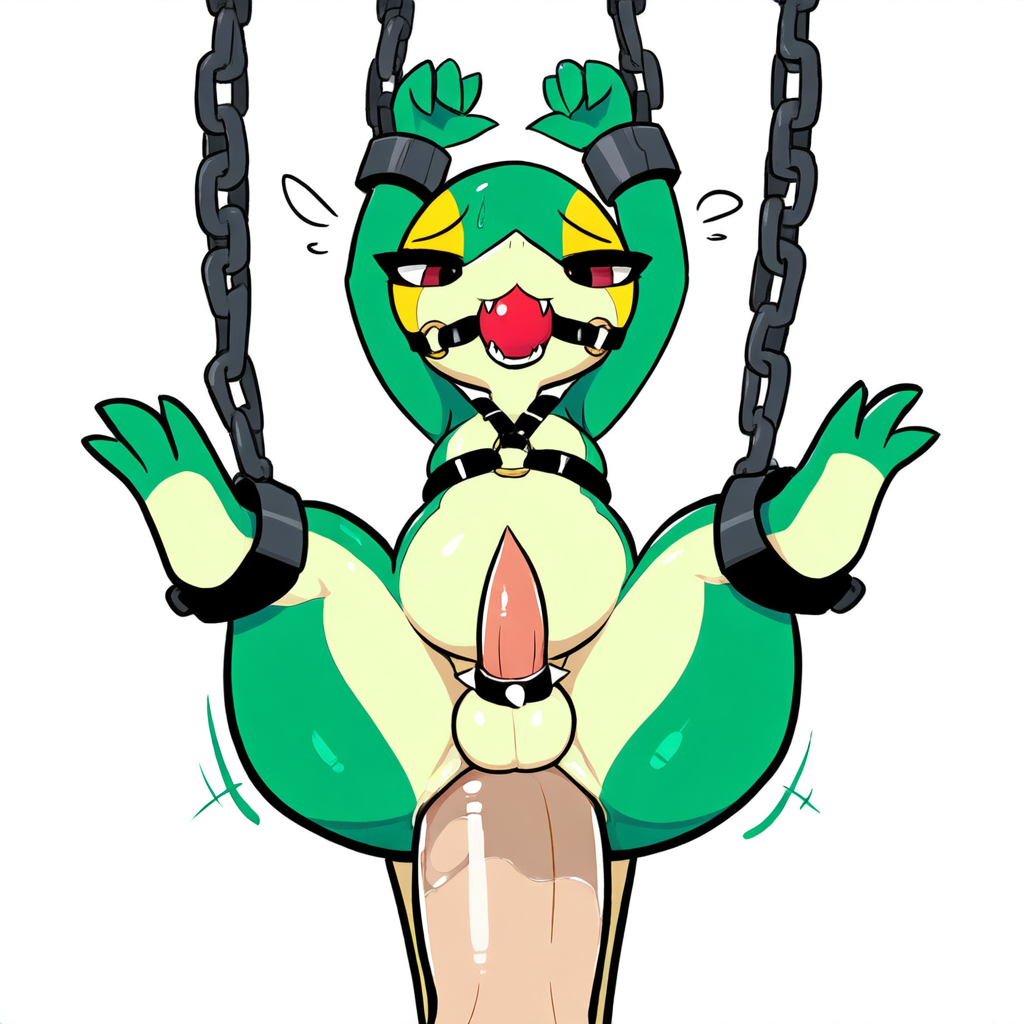 1:1 accessory ai_generated anal anal_sex anthro ball_gag balls bodily_fluids bondage bound chains cock_ring cuff_(restraint) dominant duo erection feet gag gagged generation_5_pokemon genitals green_body harness hellsonger hi_res human leather_cuffs male male/male male_only male_penetrated male_penetrating male_penetrating_male mammal nintendo nude open_mouth penetration penis penis_accessory penis_jewelry pokemon pokemon_(species) reptile restraints scalie sex shackles simple_background size_difference snivy solo_focus spreading submissive submissive_male suspension sweat tapering_penis toes white_background