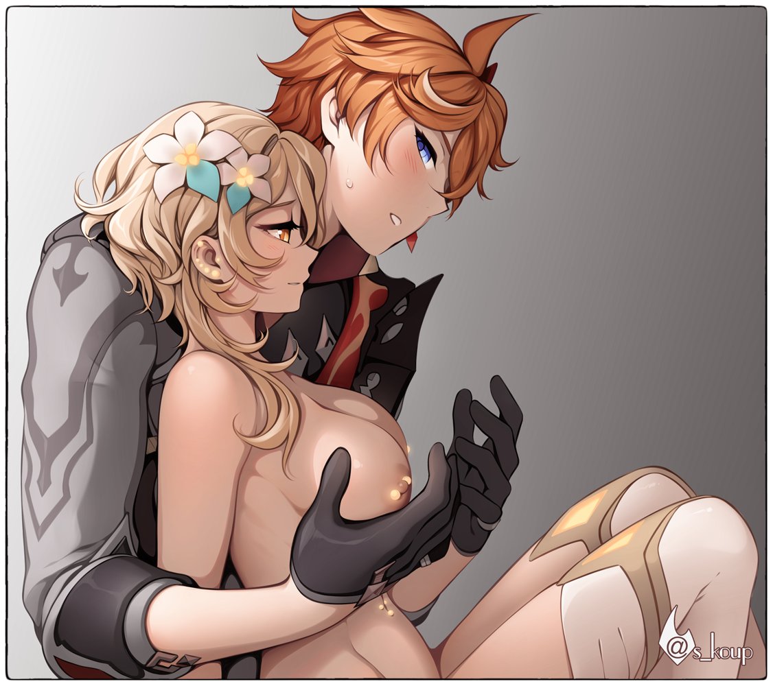 anticipation big_breasts blonde_female blonde_hair blue_eyes blush childe_(genshin_impact) clothed_male_nude_female genshin_impact ginger ginger_male gloves knee_boots knee_high_boots looking_at_partner lumine_(genshin_impact) navel_piercing nipple_piercing pierced_ears piercing piercings red_hair shailo siciel sweatdrop tartaglia_(genshin_impact) yellow_eyes