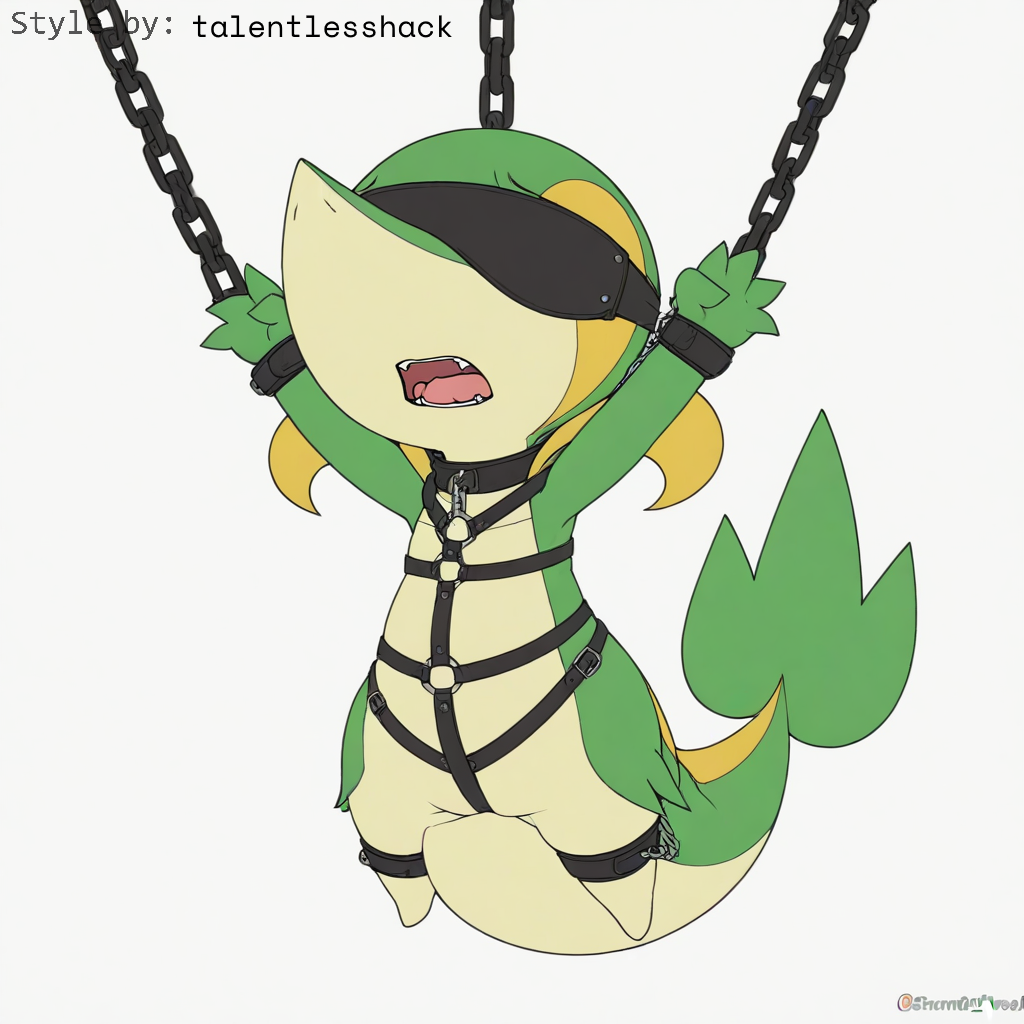 1:1 ai_generated anthro blindfold bondage bondage bound chains collar cuff_(restraint) english_text feral generation_5_pokemon genitals green_body harness hellsonger hi_res male nintendo open_mouth pokemon pokemon_(species) reptile restraints scalie simple_background snivy solo submissive suspension white_background