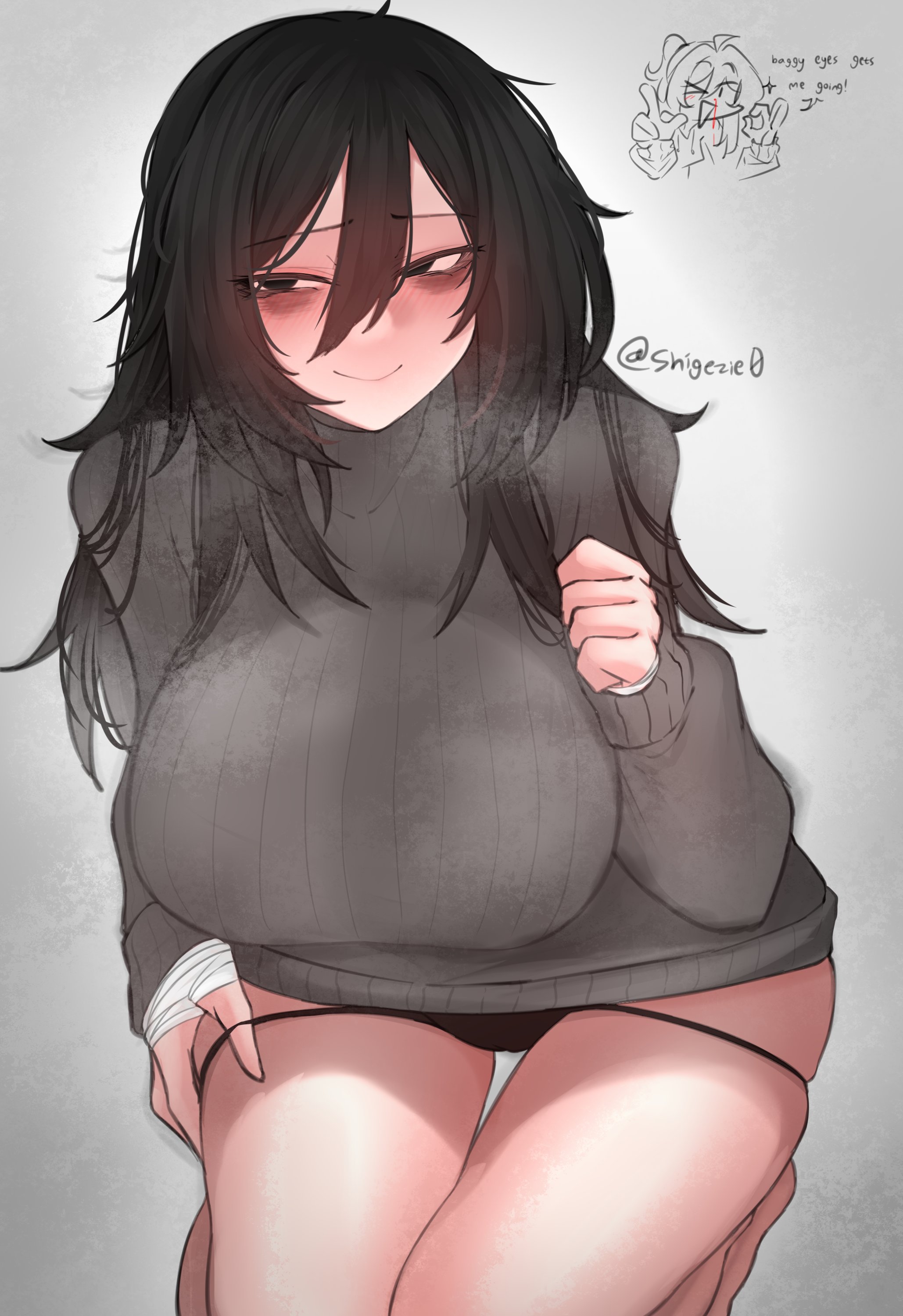 0ha, 1girls, bags under eyes, bandage, big breasts, black eyes, black hair, blush, bottomless, breasts, cameltoe, female, long hair, looking at viewer, original, panties, partially clothed, presenting, pulling panties, pussy, shig (shigezie), smile, solo, sweater, text, thick thighs