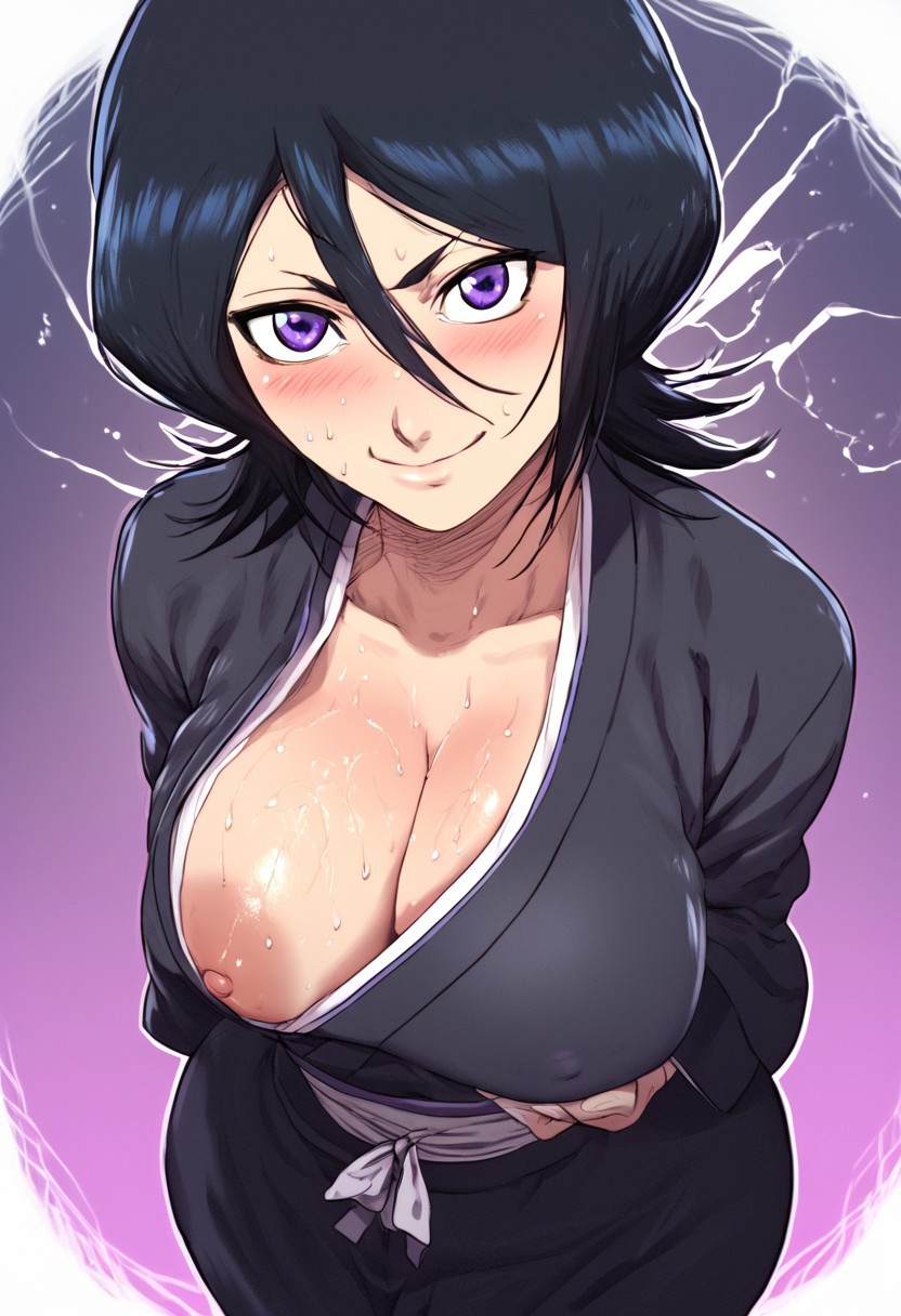 ai_generated big_breasts black_hair bleach breasts breasts_out female female_focus female_only grabbing_own_breast huge_breasts kimono kuchiki_rukia oppai purple_eyes ribbon sash smirk sweat sweaty sweaty_body thick voluptuous voluptuous_female zeca997