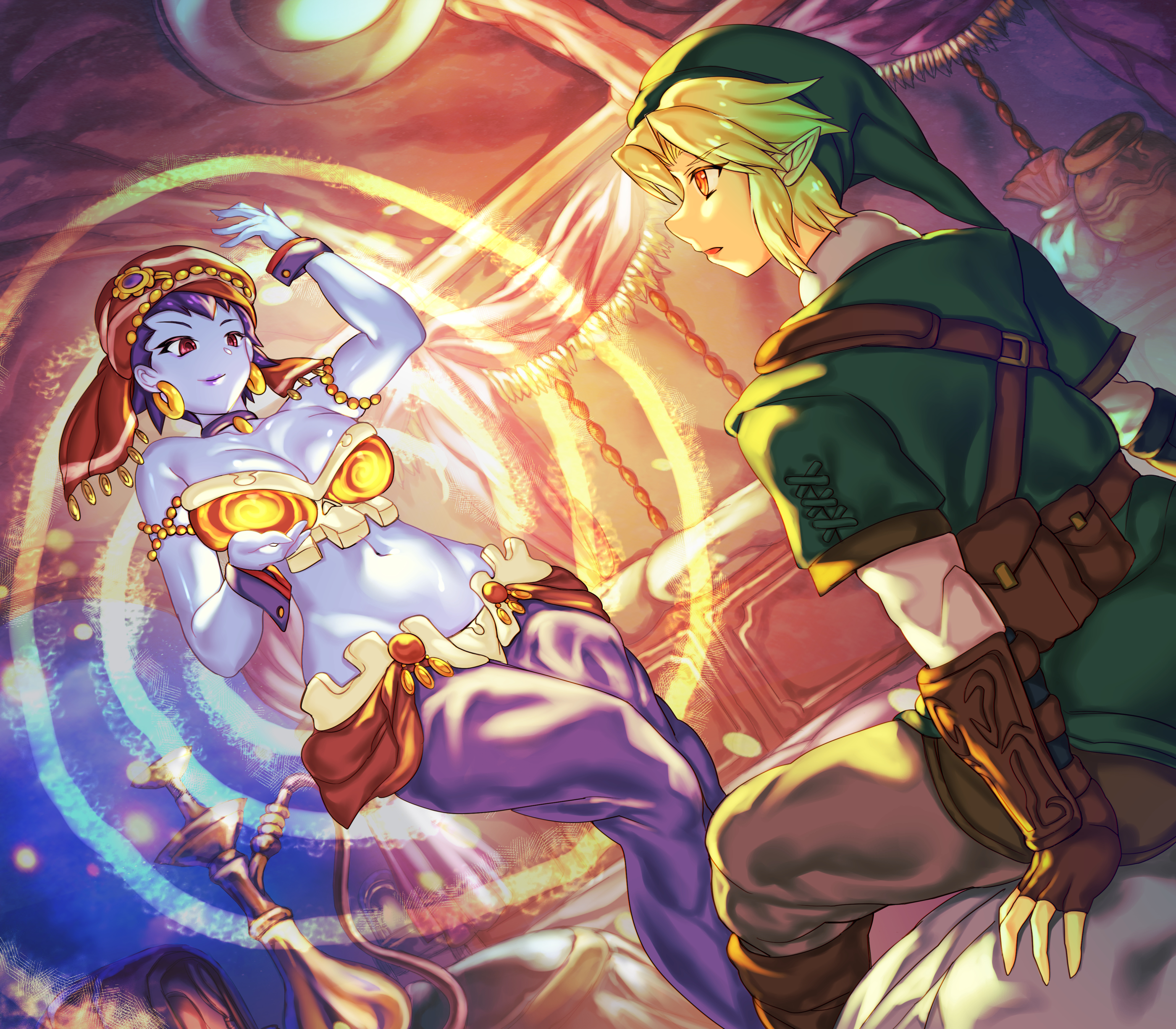 absurdres, big breasts, breasts, cleavage, crossover, dancer, elf ears, female, femdom, hookah, hypnosis, hypnotic breasts, hypnotic dance, jewelry, large breasts, large hips, link, male, malesub, midriff, nintendo, pirate, psychowolffy, risky boots, shantae, spiral eyes, story, symbol in eyes, the legend of zelda, twilight princess, wayforward, wide hips