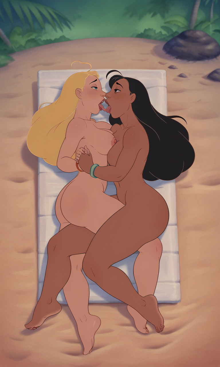 ai_generated bedroom big_sister black_hair blonde_female blonde_hair disney female_only hawaiian kissing lesbian_kiss lesbian_sex lifeguard lifeguard_(lilo_and_stitch) lilo_and_stitch love nani_pelekai native_hawaian nude_female public public_nudity public_sex yuri