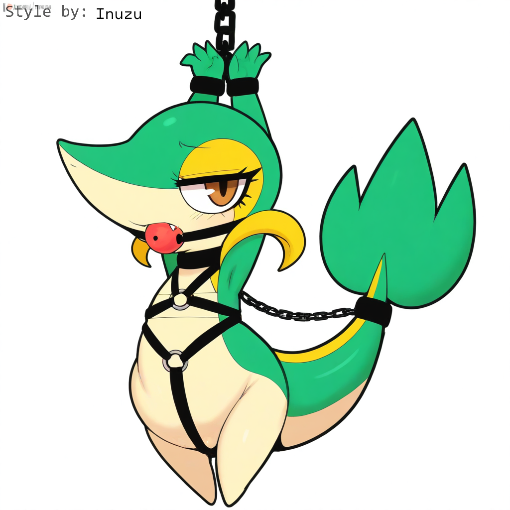 1:1 ai_generated anthro ball_gag blush bondage bondage bound chained chains collar cuff_(restraint) eyelashes female feral gag gagged generation_5_pokemon green_body harness hellsonger hi_res looking_at_viewer nintendo pokemon pokemon_(species) reptile restraints scalie shackles simple_background snivy solo submissive white_background