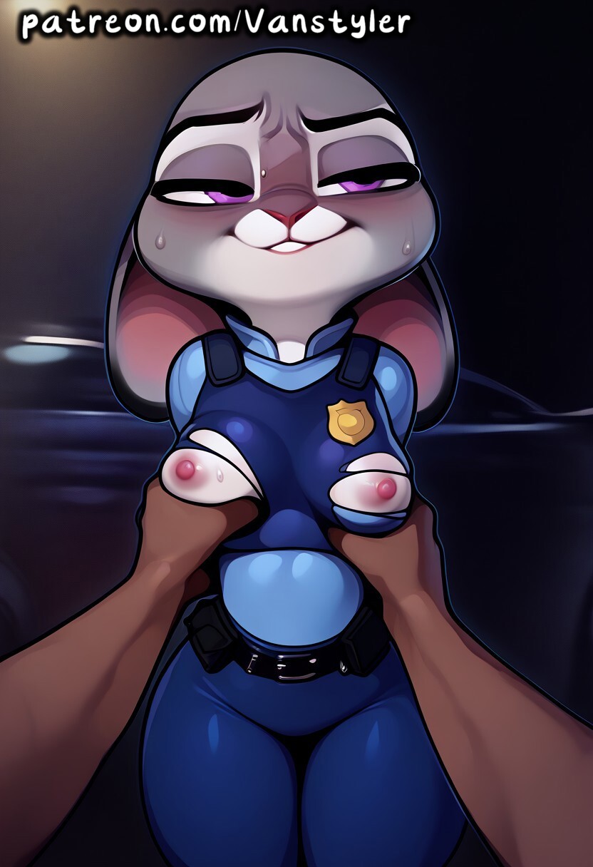 1girls ai_generated animal_ears anthro arms_behind_back bedroom_eyes blush bondage breasts bunny bunny_ears disney embarrassed furry furry_female grabbing_breasts grey_body grey_fur groping groping_breasts human_on_anthro judy_hopps looking_pleasured nipples patreon police police_uniform policewoman pov pov_eye_contact purple_eyes rabbit rabbit_ears restrained ripped_clothing shortstack size_difference slim_waist small_breasts smaller_female sweat sweatdrop sweating torn_clothes vanstyler zootopia