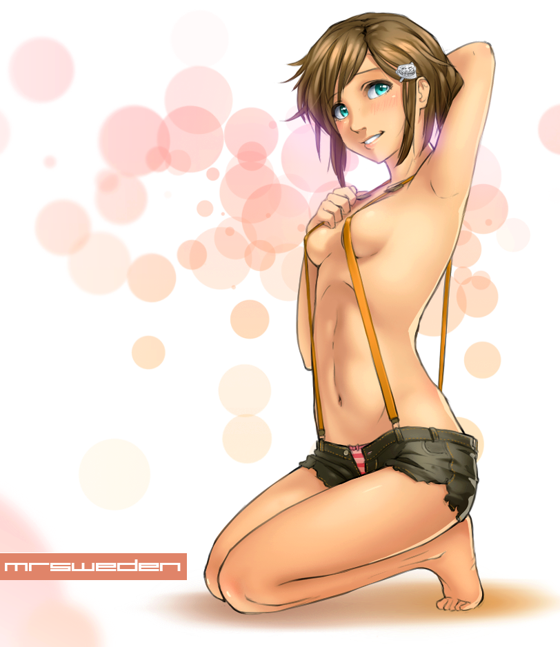 4chan aqua_eyes arm_up armpits artist_name barefoot blush breasts brown_hair cutoffs erect_nipples female full_body grin hair_ornament hairclip kneeling lips meme mr_sweden navel open_fly original panties pink_panties rage_comics shirtless short_hair short_shorts shorts sideboob small_breasts smile solo striped striped_panties suspenders toes trollface underwear unzipped