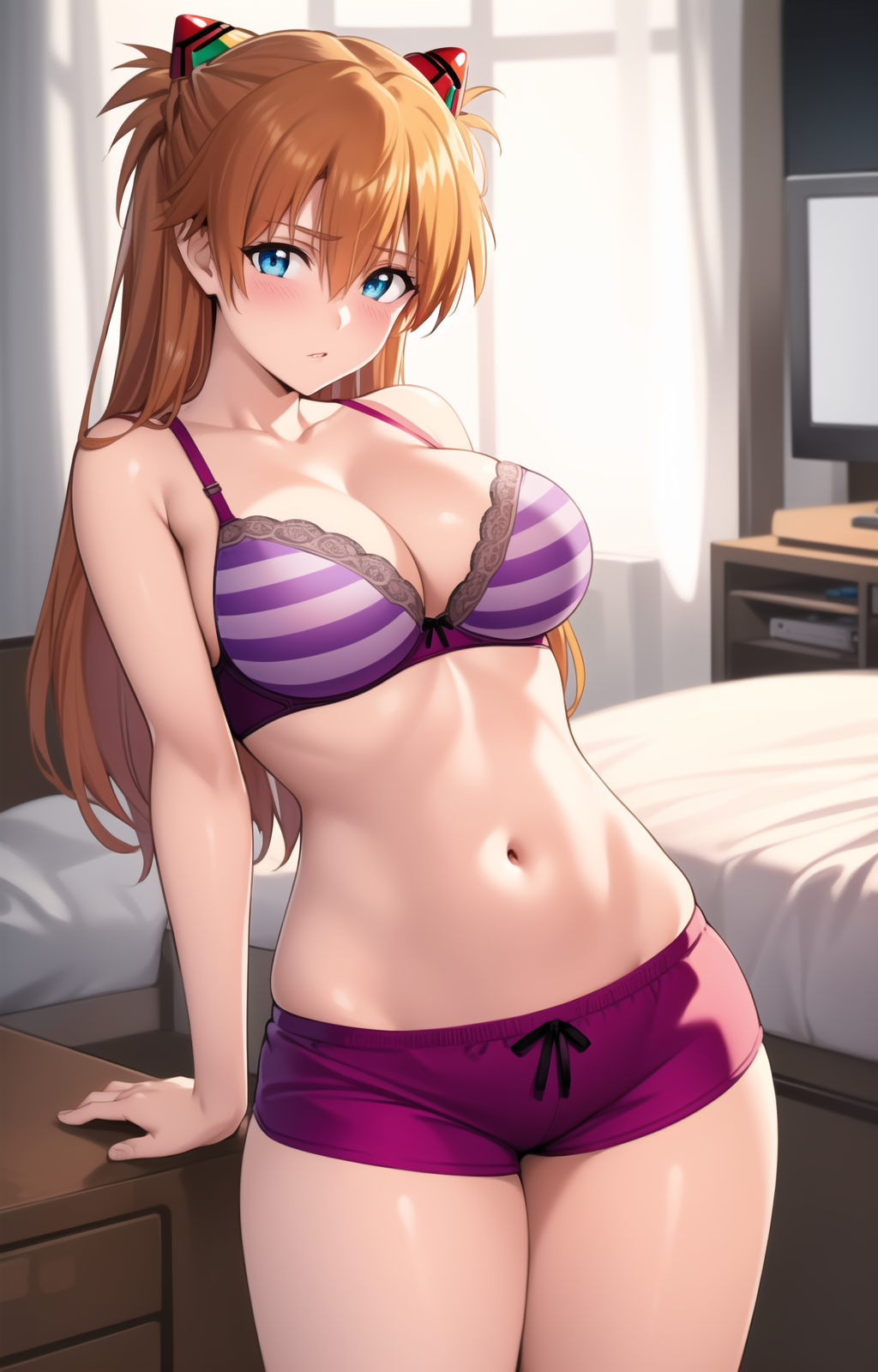 ai-created ai_generated asuka_langley_sohryu bangs bare_arms bare_shoulders bed bed_sheet bedroom blue_eyes blue_underwear blush bow bow_bra bow_panties boyshort_panties boyshorts bra breasts brown_hair clavicle cleavage closed_mouth clothing cowboy_shot curtains eyebrows eyebrows_visible_through_hair female female female_only hair_between_eyes hair_ornament headgear indoors interface_headset large_breasts long_hair looking_at_viewer medium_breasts midriff navel neon_genesis_evangelion on_bed orange_hair pantsu parted_lips pillow pink_bra purple_bra purple_panties purple_shorts purple_underwear rena_aikawa_(pixiv_user) ribbon shiny short_shorts shorts smile solo stable_diffusion standing stomach striped striped_bra tagme television thigh_gap thighs tied_hair two_side_up underwear underwear_only very_long_hair window