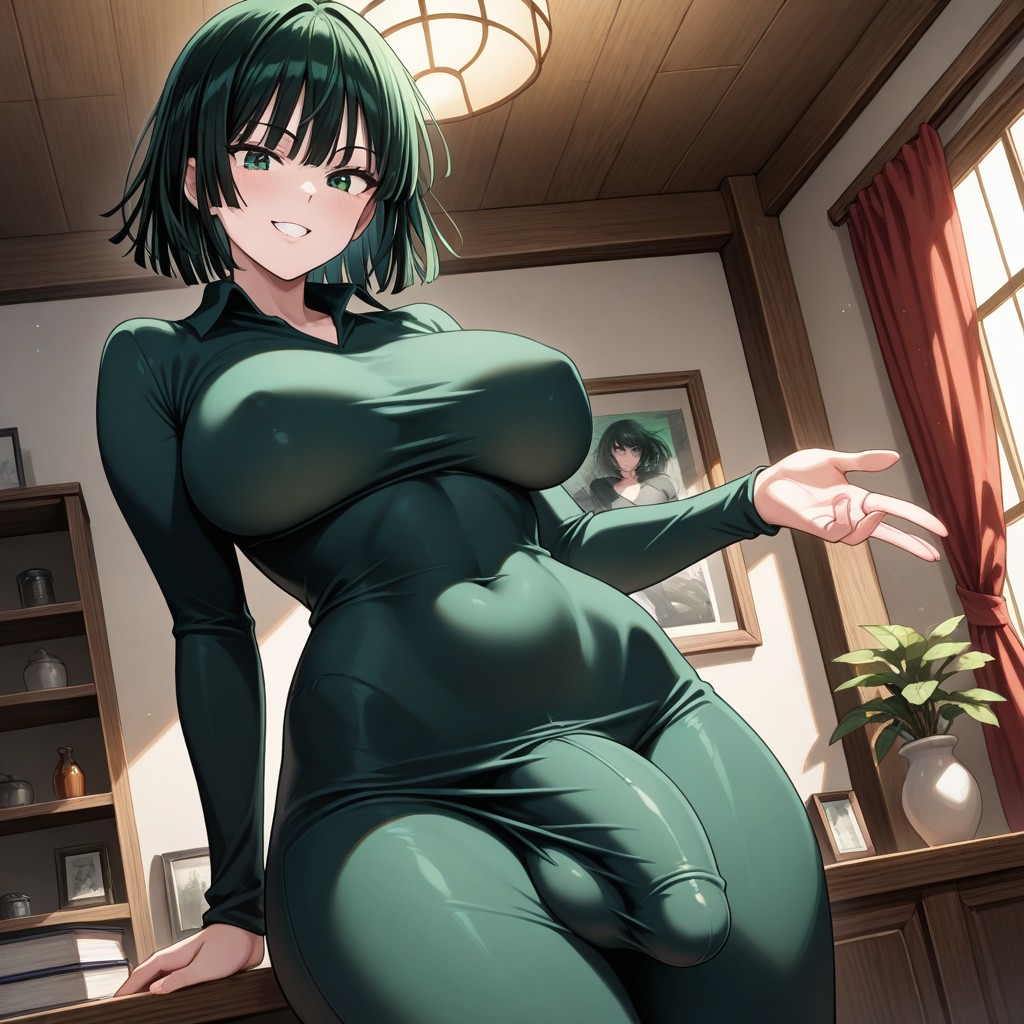 ai_generated big_breasts bulge bulge_through_clothing curvy fubuki_(one-punch_man) futanari green_clothing green_eyes green_hair