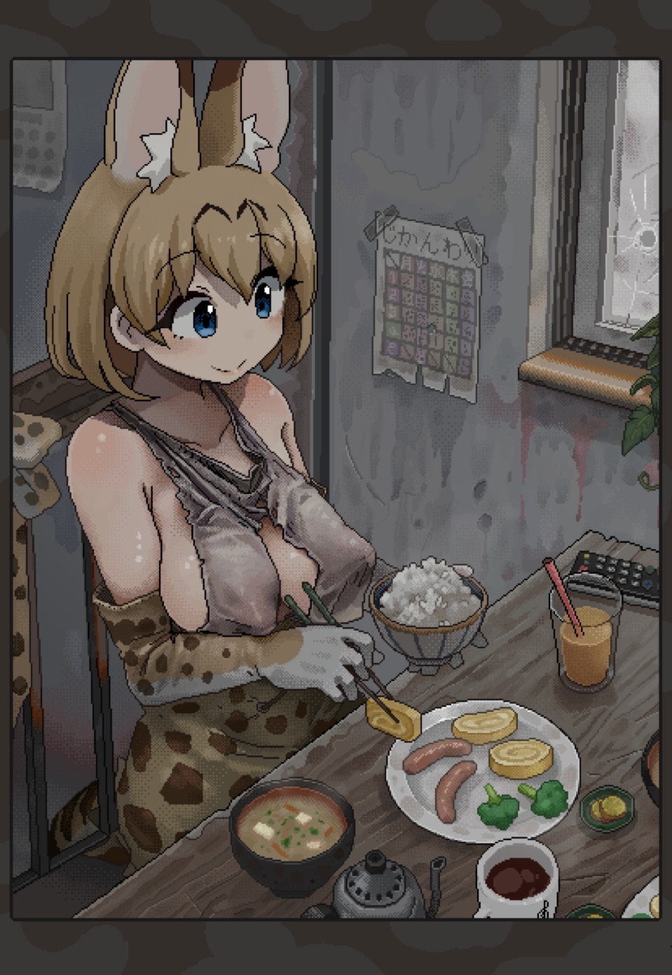 animal_print big_breasts blonde_hair blue_eyes i_love_serval nipple_bulge