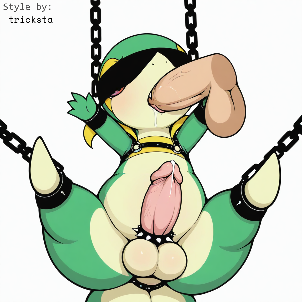 1:1 accessory ai_generated anal anthro balls bodily_fluids bondage bondage bound chains cock_ring collar cum disembodied_penis duo erection fellatio feral generation_5_pokemon genital_fluids genitals harness hellsonger hi_res humanoid_genitalia humanoid_penis jewelry male male/male male_penetrating nintendo oral oral_penetration penetration penile penis penis_accessory penis_jewelry pokemon pokemon_(species) precum reptile saliva scalie sex simple_background snivy solo_focus spread_legs submissive suspension white_background