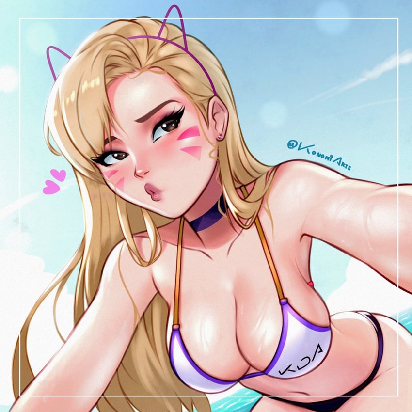 1girls alternate_hair_color artist_name black_panties blonde_hair blue_sky bra breasts brown_eyes d.va facial_markings heart highres konomidraw large_breasts lipstick long_hair looking_to_the_side makeup mismatched_underwear navel overwatch panties signature sky underwear very_long_hair white_bra