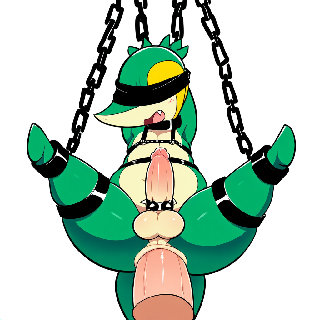 1:1 ai_generated anal anal_sex anthro anus balls blindfold blush bondage bondage bound chains cock_ring collar disembodied_penis duo erection generation_5_pokemon genitals green_body harness hellsonger hi_res humanoid_genitalia humanoid_penis male male/male male_penetrated male_penetrating male_penetrating_male nintendo nude open_mouth penetration penis penis_accessory penis_jewelry pokemon pokemon_(species) reptile restraints scalie sex simple_background snivy solo_focus spikes spread_legs spreading straps submissive submissive_male tongue white_background