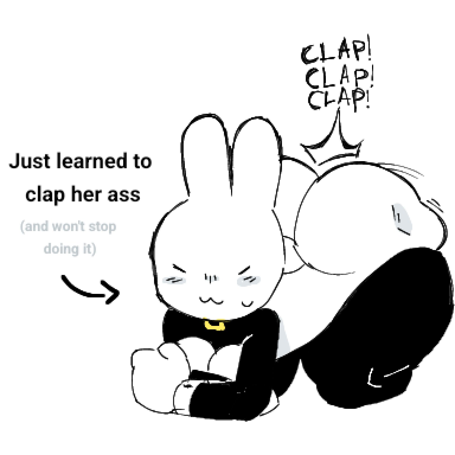 1:1 anthro ass ass_clapping bodily_fluids breasts cleavage closed_eyes clothed clothing english_text female hi_res lagomorph leporid mammal meme nucr4r onomatopoeia rabbit smile solo sound_effects sweat text