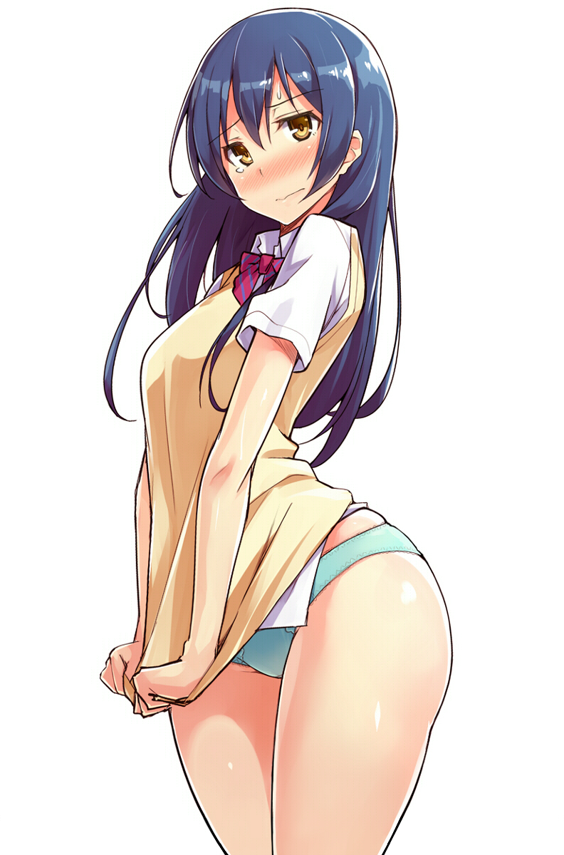 aqua_panties blonde_hair blue_hair blush cowboy_shot female female_only full-face_blush highres human kekemotsu long_hair looking_at_viewer love_live! love_live!_school_idol_project no_pants panties school_uniform short_sleeves simple_background solo sonoda_umi sweatdrop sweater_tug sweater_vest tears underwear white_background