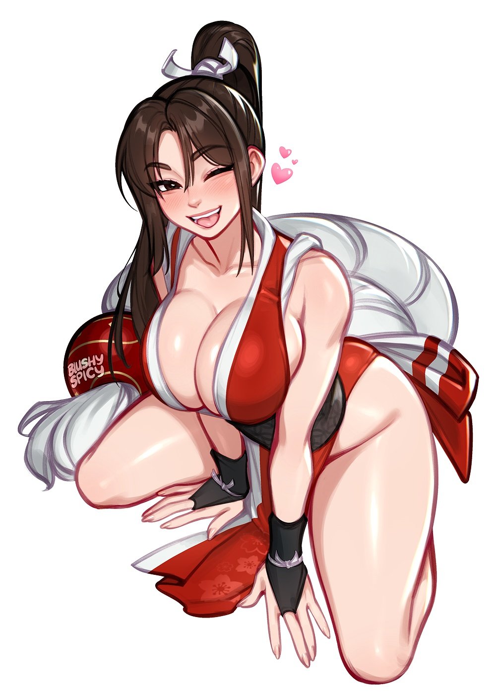 2025 artist_name blush blushypixy blushyspicy breasts brown_eyes brown_hair cleavage highres large_breasts light-skinned_female light_skin long_hair looking_at_viewer mai_shiranui one_eye_closed open_mouth plain_background ponytail street_fighter thick_thighs tongue tongue_out watermark white_background wink