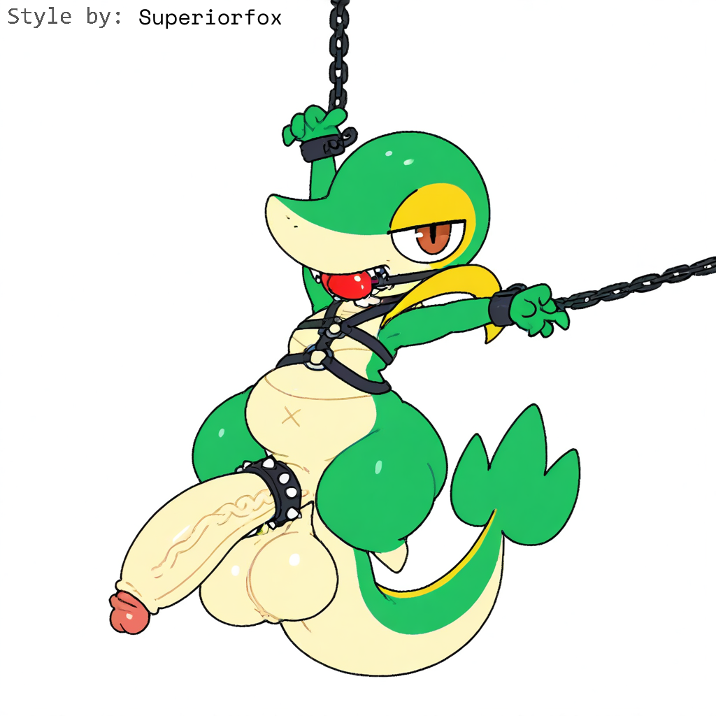 1:1 ai_generated anthro ball_gag balls big_balls big_penis bondage bondage bound chained chains cock_ring collar cuff_(restraint) erection gag gagged generation_5_pokemon genitals harness hellsonger hi_res huge_cock humanoid_genitalia humanoid_penis jewelry looking_at_viewer male nintendo penis penis_accessory penis_jewelry pokemon pokemon_(species) reptile restraints scalie simple_background snivy solo submissive suspension vein veiny_penis white_background