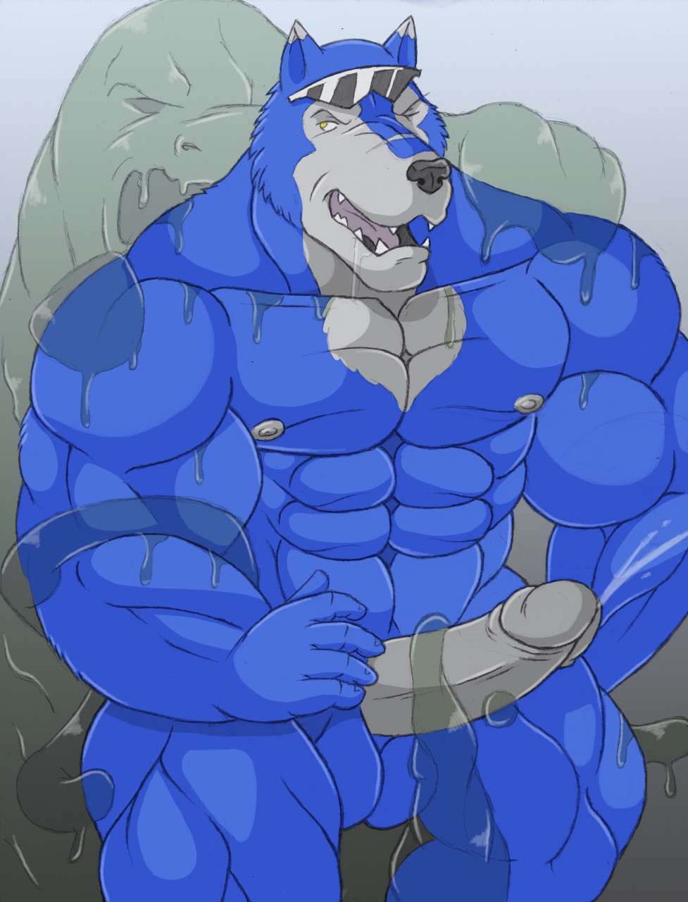 abs anthro balls biceps big_muscles black_nose blue_fur canine cum digimon duo erection fur machgaogamon male male_only mammal manly muscular muscular_male nipples nude open_mouth pecs penis sharp_teeth simple_background slime slime_monster teeth tongue wolf