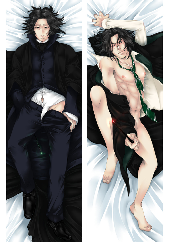 1boy abs black_hair blush body_pillow coat erect_nipples harry_potter legs_apart long_coat looking_at_viewer male male_only mostly_nude muscles open_robe pants_down pecs pillow_grab robes school_uniform severus_snape short_hair slytherin slytherin_tie teacher twinkification undressing wand wizard