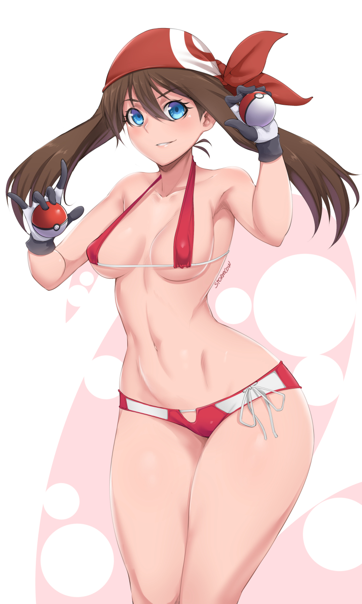 armpits, artist name, bad id, bare shoulders, bikini, blue eyes, breasts, brown hair, collarbone, dual wielding, female, female only, gloves, grin, hair between eyes, head scarf, highres, holding, holding poke ball, human, human only, long hair, looking at viewer, may (pokemon), micro bikini, midriff, navel, nintendo, parted lips, poke ball, pokemon, pokemon rse, red bikini, simple background, smile, solo, stomach, stormcow, swimsuit, tied hair, twintails, underboob, white gloves