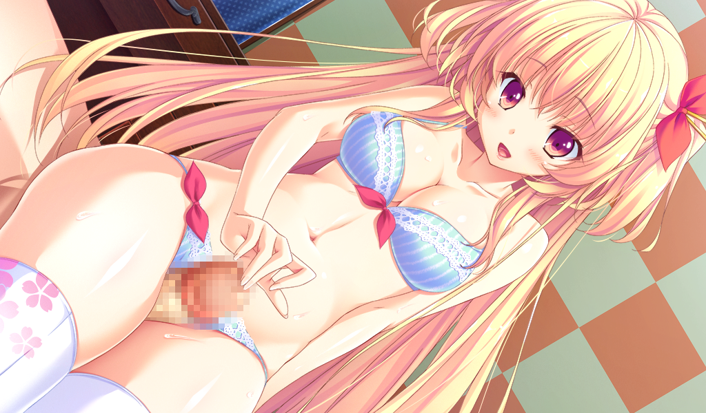 1boy :d blonde_hair bow bra breasts censored choco_chip dutch_angle female game_cg hairbow harami_tama hayasaki_yuka long_hair mosaic_censoring open_mouth orange_eyes outercourse panties penis smile solo_focus thigh_sex thighhighs two_side_up underwear very_long_hair