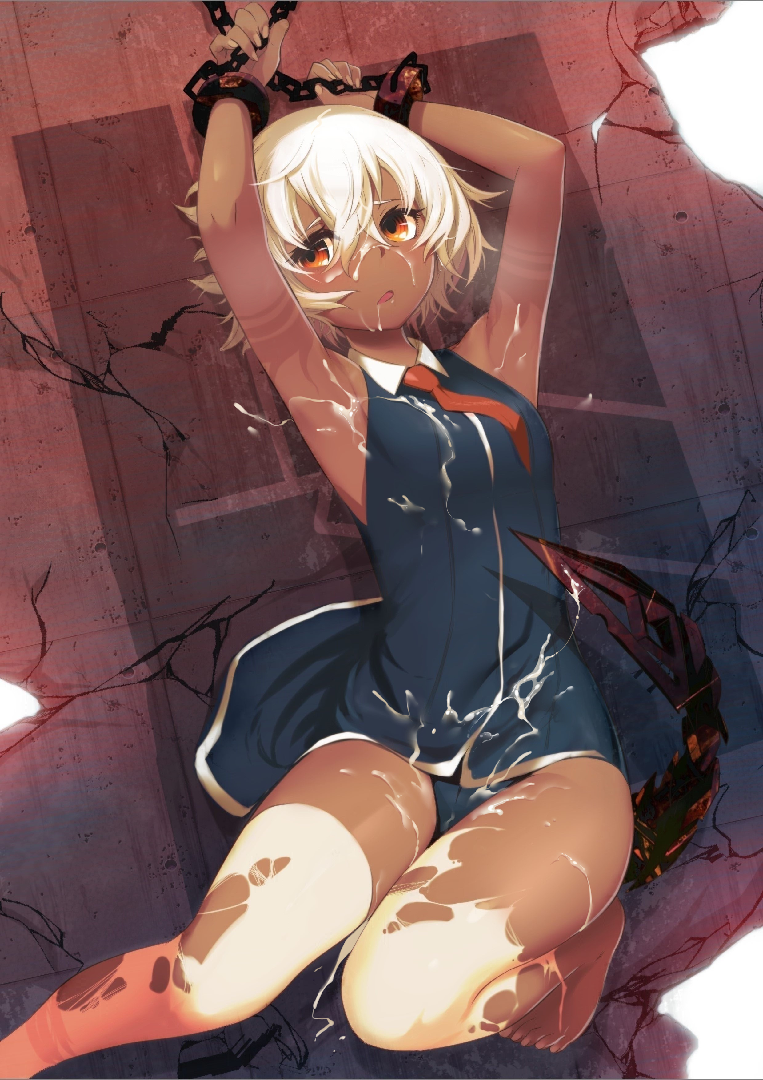 1girls, absurdres, armpits, arms up, bare shoulders, barefoot, black rock shooter, blue panties, blue skirt, blush, bondage, bound, chained, chains, cuffs, cum, cum on body, cum on clothes, cum on face, cum on lower body, cum on upper body, dark skin, dark-skinned female, dress, facial, female, highres, lying, m-da s-tarou, necktie, on back, open mouth, panties, parted lips, restrained, short hair, skirt, sleeveless, sleeveless dress, solo, strength (black rock shooter), tail, tattoo, thighhighs, torn clothes, torn thighhighs, underwear, white hair, white legwear, yellow eyes