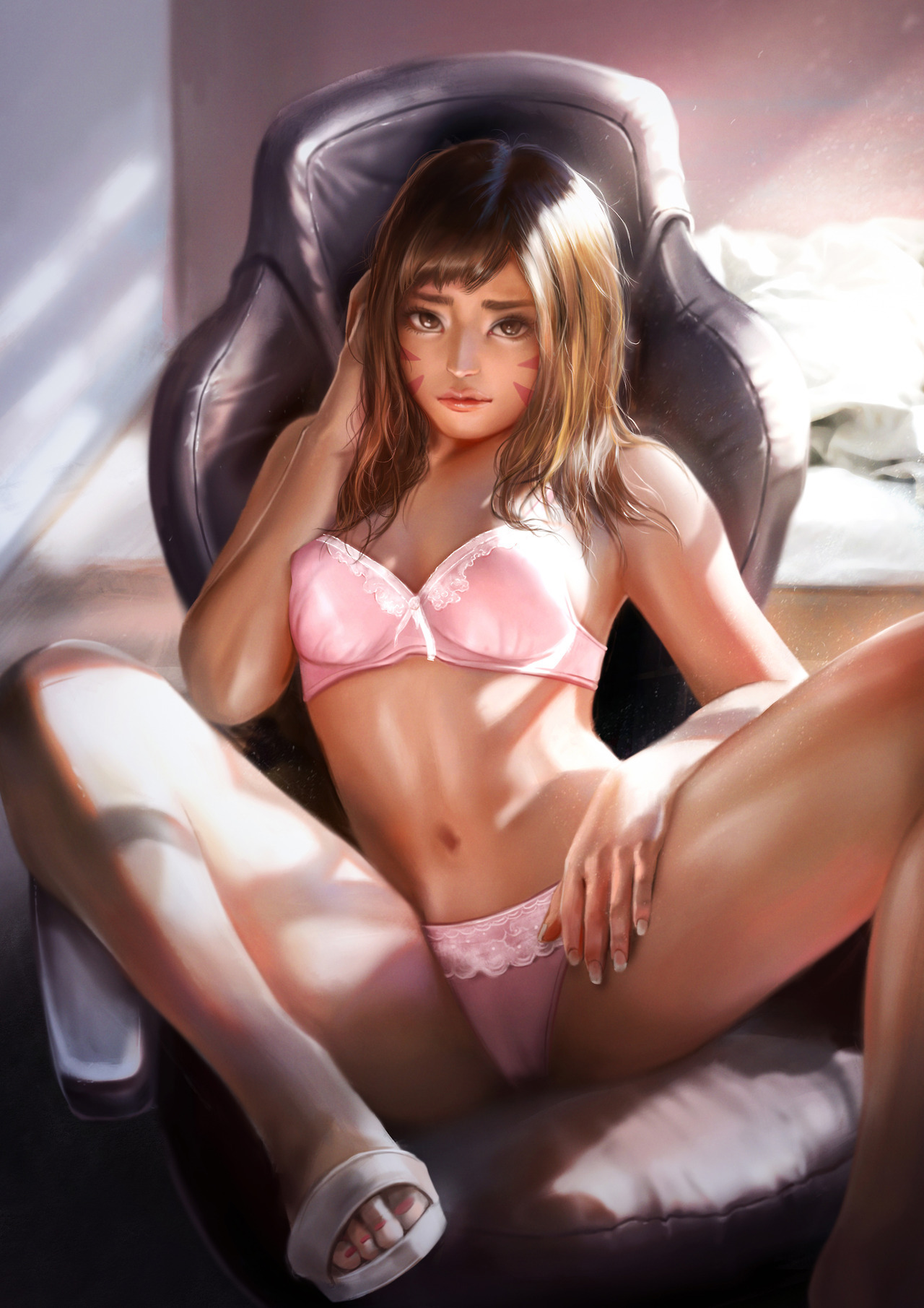 bra, d.va, female, firolian, overwatch, panties, solo, spread legs