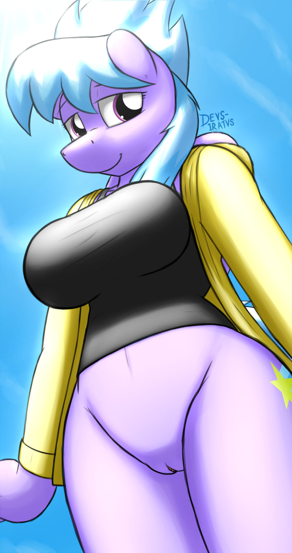 2015 anthro anthrofied blue_hair bottomless clothed clothing cloud_chaser_(mlp) cutie_mark devs-iratvs equine female friendship_is_magic hair half-dressed hi_res looking_at_viewer mammal my_little_pony outside pegasus pussy solo wings