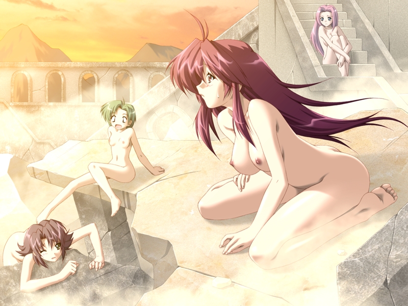 barefoot breasts brown_hair female female_only game_cg green_hair holy ikazuchi_no_senshi_raidy kazuma_muramasa large_breasts lightning_warrior_raidy long_hair multiple_girls nipples nude pink_hair raidy red_eyes red_hair ruins short_hair sitting small_breasts steam sudia sunset wink zyx