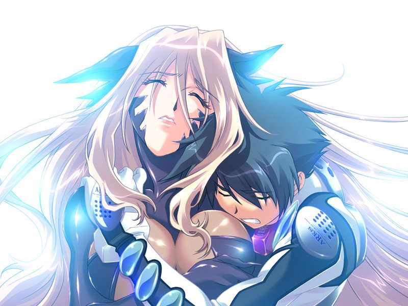 alias_(zwei_worter) black_hair blonde_hair bodysuit breasts cleavage clenched_teeth closed_eyes couple female game_cg glowing hug imanaka_koutarou kyoushirou_izumo large_breasts lipstick long_hair makeup shiny shiny_clothes short_hair skin_tight very_long_hair zwei_worter