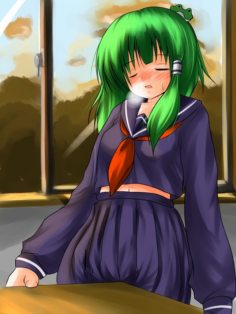 1girls blush breath closed_eyes crotch_rub frog green_hair hair_ornament hair_tubes masturbation midriff navel open_mouth sanae_kochiya school_uniform skirt solo table table_humping touhou tsuduri window