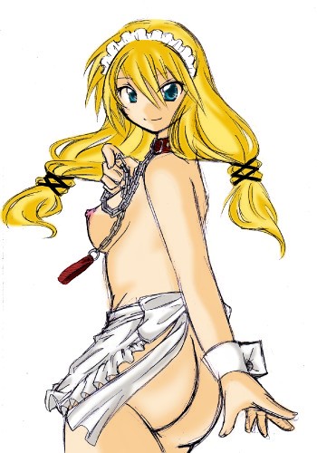 ass blonde_hair breasts chains collar female female_only final_fantasy final_fantasy_tactics final_fantasy_tactics_(original) geomancer_(fft) hal_(haruna) hal_(pixiv53536) human leash lowres maid naked_apron nipples solo wrist_cuffs