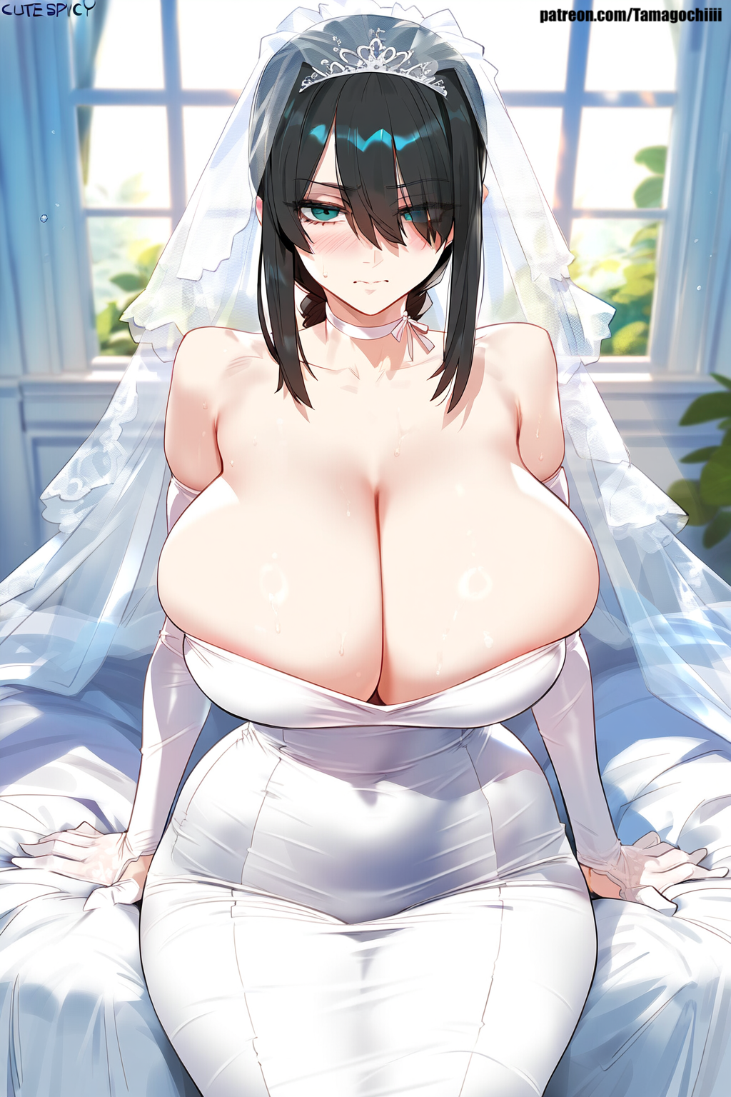 ai_generated big_breasts black_hair chainsaw_man embarrassed huge_ass huge_breasts large_breasts nayuta_(chainsaw_man) sitting_on_bed tamagochiiii wedding_dress wedding_gloves wedding_veil wide_hips