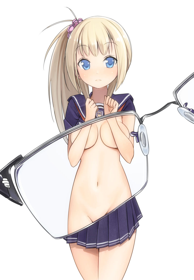 blonde_hair blue_eyes breasts covering covering_breasts female groin konchi long_hair mound_of_venus navel nude original school_uniform side_ponytail skirt solo voyeur voyeurism x-ray_glasses x-ray_vision