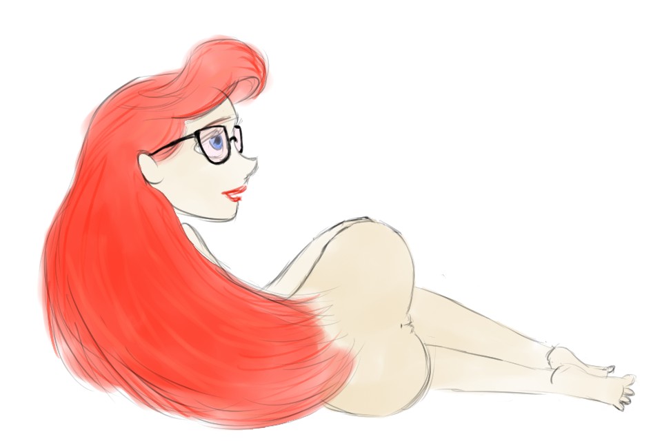 ariel blue_eyes disney glasses hipster_ariel moistythirst presenting pussy red_hair the_little_mermaid